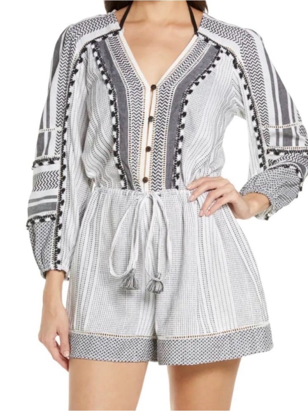 Veronica Beard Black White Cotton Tassel Trim Long Sleeve Romper Size Small